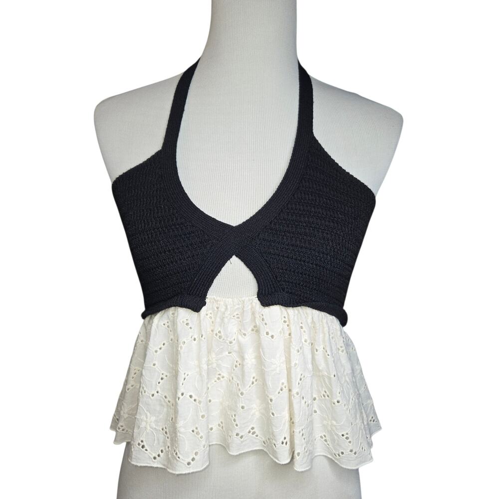 Zara Knit and Eyelet Halter Top Black and White Sz Medium NWOT